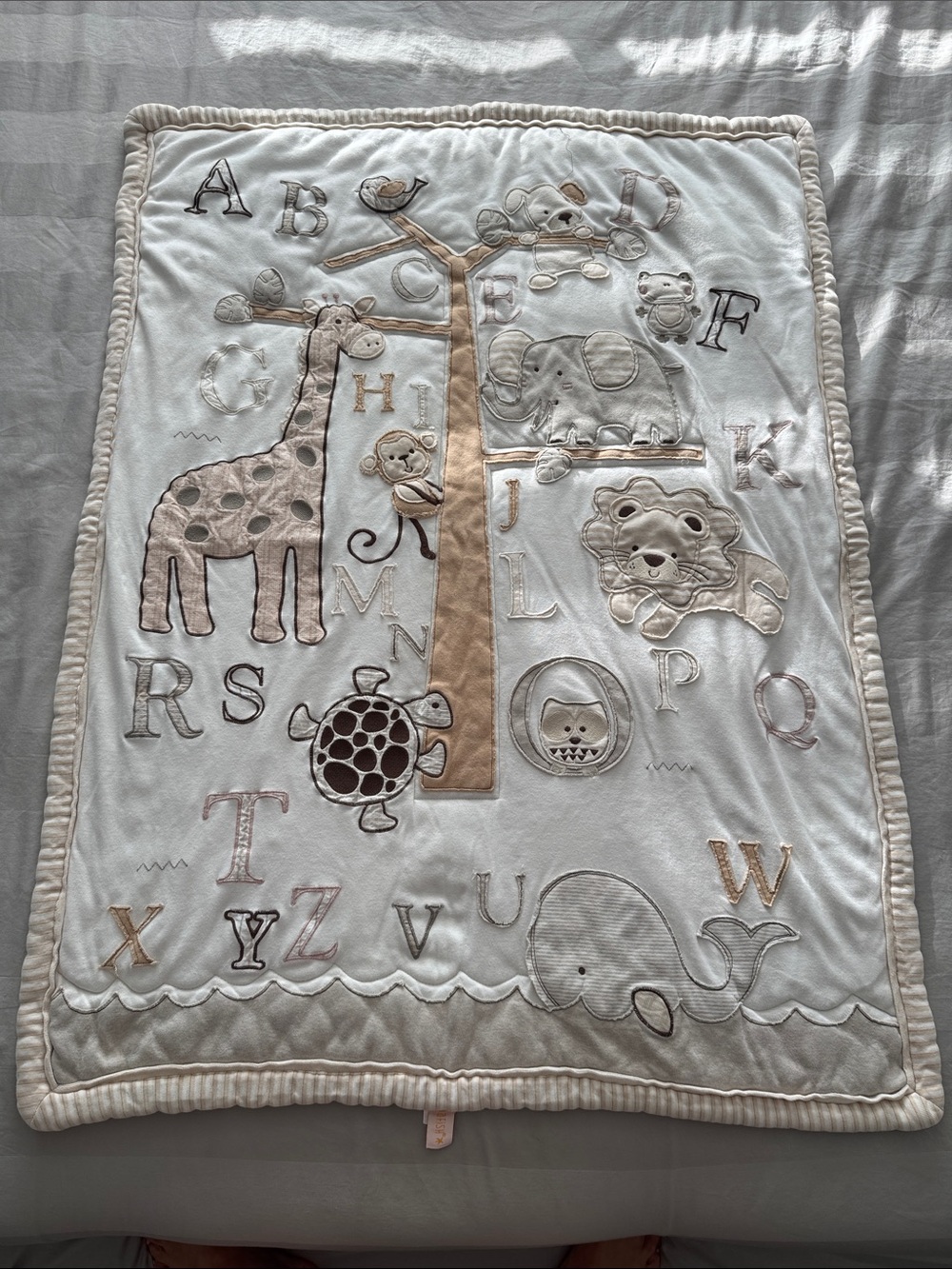 Embroidered Animal Alphabet Baby Blanket - Cream & Tan